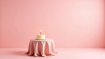 Delightful birthday cake with a lit candle on a pink-draped table, celebrating a special milestone in a warm, inviting setting
