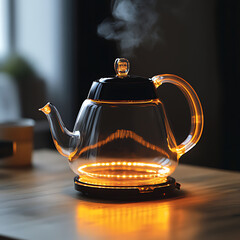 Steaming Glass Teapot on Wooden Table in Warm Lighting – Minimalist and Elegant Still Life