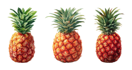 Vibrant watercolor pineapples, a tropical fruit illustration with a rich orange hue and deep green crown, perfect for culinary, travel, and decorative design PNG set with transparent background