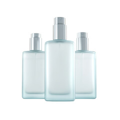 Three square frosted glass bottles with silver tops, dark background