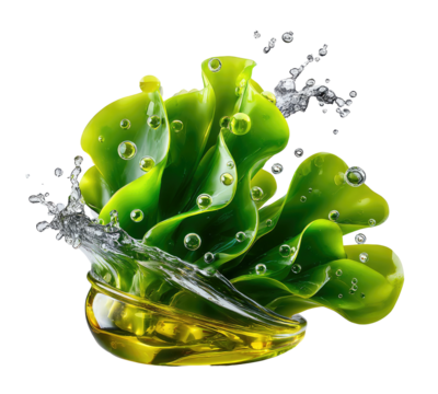 Green leaves splash in clear water, with golden oil base