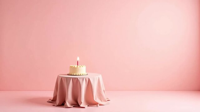 Delightful birthday cake with a lit candle on a pink-draped table, celebrating a special milestone in a warm, inviting setting