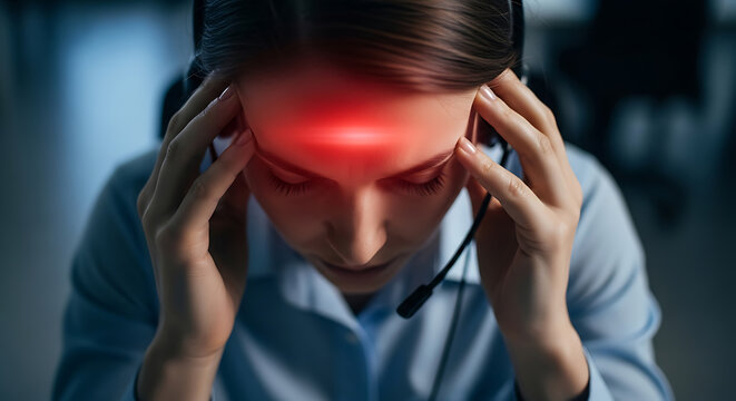 Stressed professional woman with headset suffering from severe headache and work burnout. Mental fatigue concept.