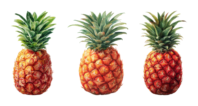 Vibrant watercolor pineapples, a tropical fruit illustration with a rich orange hue and deep green crown, perfect for culinary, travel, and decorative design PNG set with transparent background