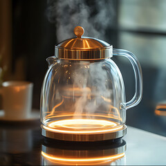 Steaming Glass Teapot with Copper Lid in Warm Lighting – Cozy Photorealistic Still Life Scene