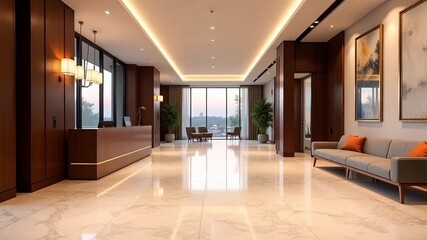 Experience the luxury hotel lobby with smooth marble floors and stylish decor, perfect for showcasing hospitality and design excellence in video footage