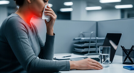 Sick woman blowing nose in office, suffering from cold and sore throat. Workplace illness concept.
