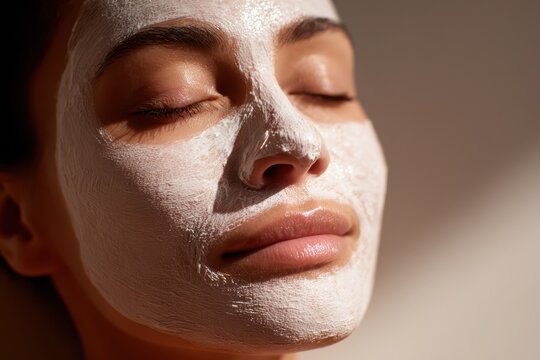 Calm skincare moment: woman with a white mask and eyes closed during a facial treatment