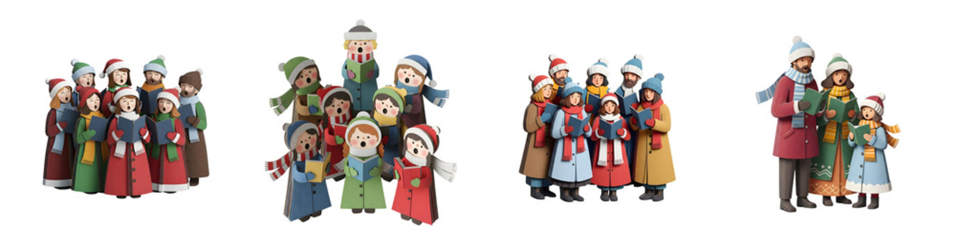 Diverse groups of cartoon people singing Christmas carols wearing winter hats and scarves with books transparent background