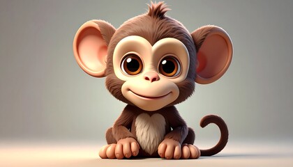A cute, cartoonish primate with big eyes and a friendly expression sits, looking directly at the viewer. It has soft fur and large ears