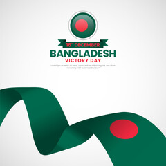 Bangladesh victory day greeting card, square banner background with waving ribbon flag