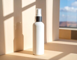 A tall, white spray bottle stands in front of a window. Shadowed sunlight illuminates the scene and the cream backdrop