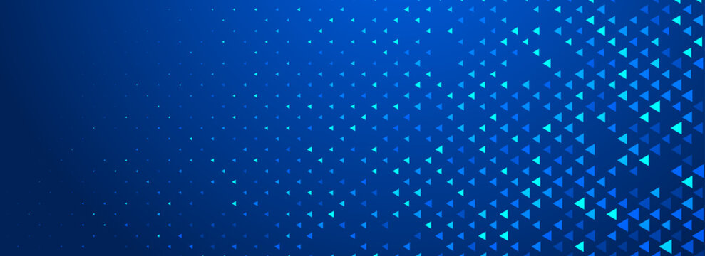 Blue neon triangle texture. Glowing arrow geometric background. Tech triangular mosaic pattern wallpaper. Fading arrow halftone gradient for business booklet, science poster, healthcare banner. Vector