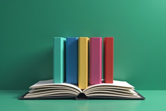 Five colorful books stand upright on open book, green background. Minimalist, modern design aesthetic.