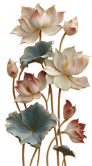 Lotus blooms and buds with teal leaves; intricate detail, warm tones