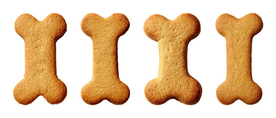 Delicious bone-shaped dog biscuits, baked golden brown with a textured surface, presented as a seamless PNG set with transparent background