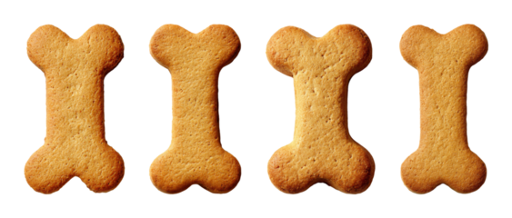 Delicious bone-shaped dog biscuits, baked golden brown with a textured surface, presented as a seamless PNG set with transparent background