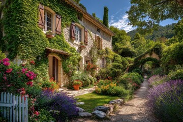 Fototapeta premium Charming village house with lush garden bathed in warm golden-hour light