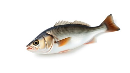 seabass. A fresh sea bass fish displayed on a clean white background, highlighting its texture. wildlife magazines, conservation campaigns, designed for nature documentaries and education.