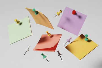 Assortment of colorful square sticky notes with pushpins scattered on a white background note paper