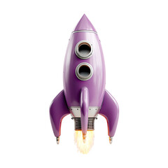 Lilac rocketship launching with fiery exhaust