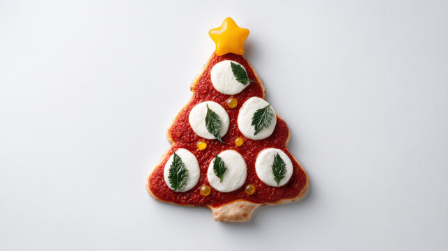 Festive Christmas Tree Pizza with Mozzarella and Basil on White Background. delicious pizza is shaped like a Christmas tree and decorated with mozzarella, basil, and a yellow star.