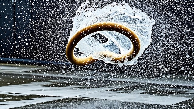 oligarchy. An out-of-control fire hose writhing wildly, spraying water in all directions. mobility guides, transit brochures, designed for transport & logistics marketing, used by interior designers.