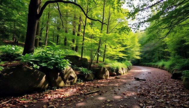 Serene forest path with mossy boulders, lush green trees and soft morning light in tranquil woodland