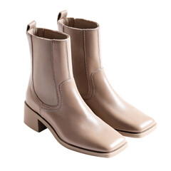 Two ankle-high, beige leather boots sit, square toe, block heel