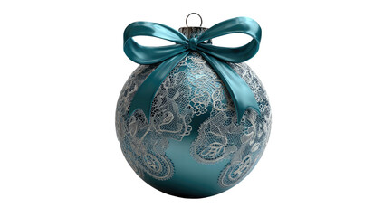 Blue ornate ornament with lace design and matching bow, isolated