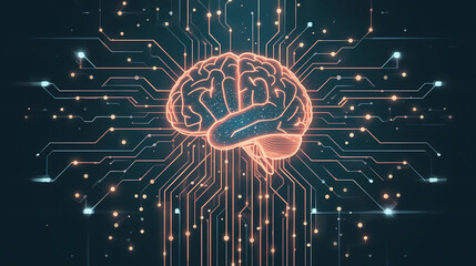 Intelligent technology concept featuring glowing brain with intricate network, perfect for AI, innovation, and future tech themes, dynamic vibrant design