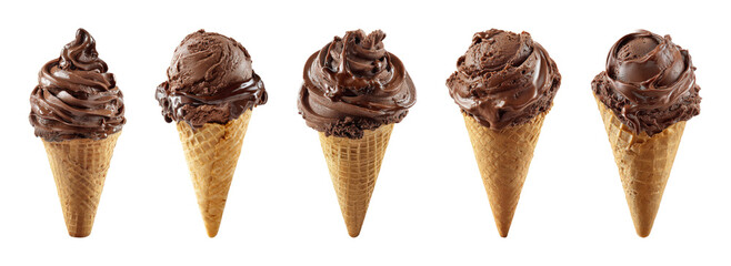 Rich chocolate ice cream cones, a delightful summer treat with tempting swirls and smooth texture, presented as a PNG set with transparent background