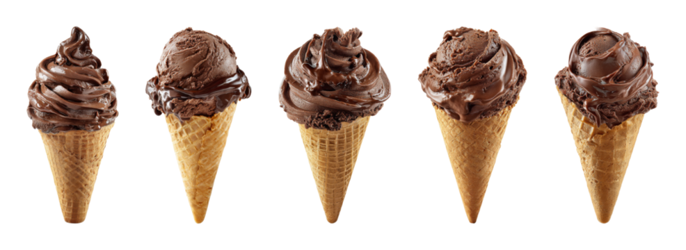 Rich chocolate ice cream cones, a delightful summer treat with tempting swirls and smooth texture, presented as a PNG set with transparent background