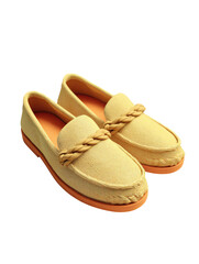 Two soft yellow loafers with braided rope detail on a black background
