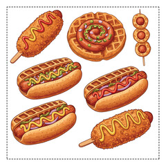 Hot Dog Waffle Vector Illustration  Fast Food Logo or Poster Design. Cute Hot Dog Waffle and Corn Dog Vector Set  Kawaii Street Food Clipart for Sticker, Menu, or Design 