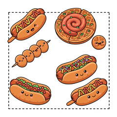 Hot Dog Waffle Vector Illustration  Fast Food Logo or Poster Design. Cute Hot Dog Waffle and Corn Dog Vector Set  Kawaii Street Food Clipart for Sticker, Menu, or Design 