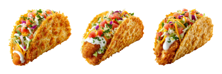 Crispy golden fish taco bursting with fresh toppings, a delightful and savory meal perfect for food photography, marketing, and menu design PNG set with transparent background