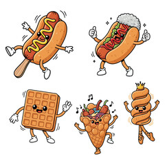 Hot Dog Waffle Vector Illustration  Fast Food Logo or Poster Design. Cute Hot Dog Waffle and Corn Dog Vector Set  Kawaii Street Food Clipart for Sticker, Menu, or Design 