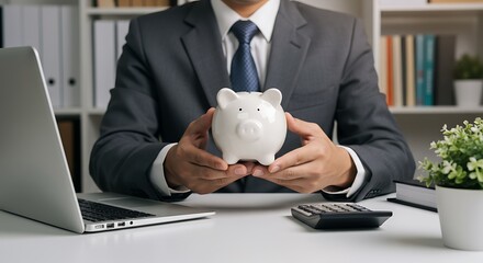 Financial Advisor Holding Piggy Bank Demonstrates Savings and Investment Strategies