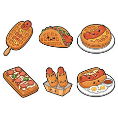 Hot Dog Waffle Vector Illustration  Fast Food Logo or Poster Design. Cute Hot Dog Waffle and Corn Dog Vector Set  Kawaii Street Food Clipart for Sticker, Menu, or Design 