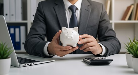Business professional holding a piggy bank at a desk with a laptop and calculator showing financial planning and savings concept