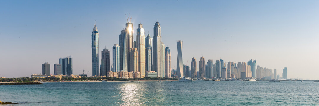 Dubai marina skyline and beach panoramic