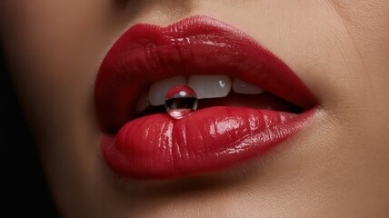 Fototapeta premium Extreme Macro Beauty Shot of Sensual Red Lips with a Glistening Water Drop
