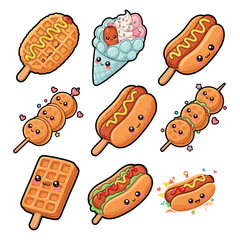 Hot Dog Waffle Vector Illustration  Fast Food Logo or Poster Design. Cute Hot Dog Waffle and Corn Dog Vector Set  Kawaii Street Food Clipart for Sticker, Menu, or Design 