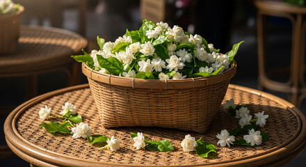 Jasmine flowers arranged in a woven bamboo basket on a rattan table