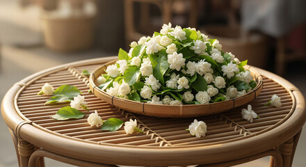 Jasmine flowers arranged in a woven bamboo basket on a rattan table