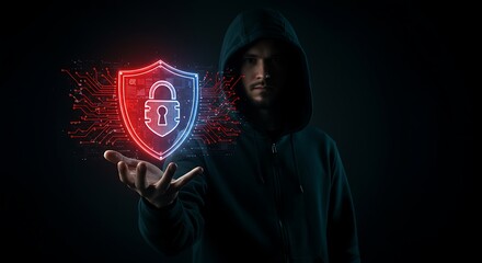 Cyber Security Protection Shield and Hacker Concept for Digital Defense