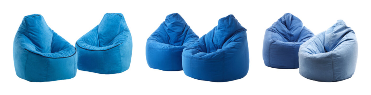 Comfortable blue bean bag chair group, modern casual seating for relaxation and home decor PNG set with transparent background