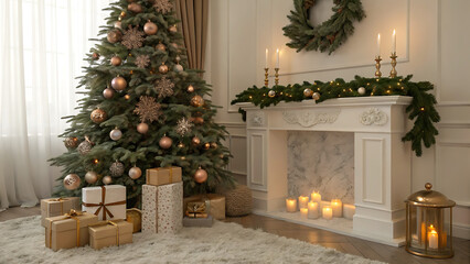 Christmas tree with gold ornaments and presents near fireplace in living room