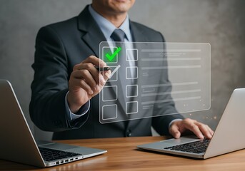 Businessman Completing Digital Checklist Successfully with Technology and Modern Tools